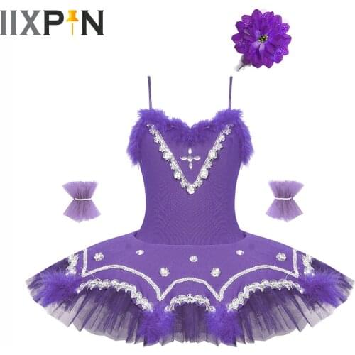 Kids Girls Faux Fur Ballet Dress Tutu Ballet Dance for Girls Kids Children Sequins Ballet Leotard Tulle Dance with Arm Sleeves