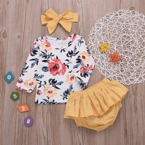 DHL 50set Baby Girl Summer Outfits Set Patchwork Chic Clothing Set Long Sleeve Floral Print Tops+Shorts+Headband Clothes Outfit