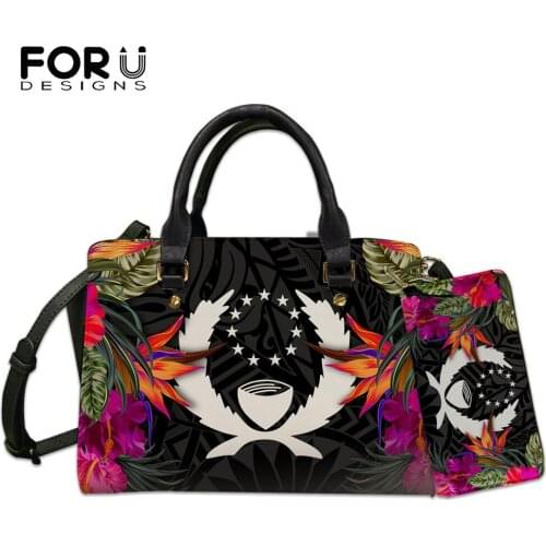 FORUDESIGNS Polynesian Tribe Bags for Ladies Pohnpei Flag Style Large Capacity Handbag Ladies PU Shoulder Sac And Purse 2Set/Pcs