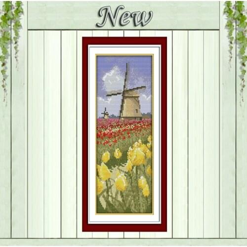 Dutch big pinwheel tulip scenery painting diy Embroidery sets Cross Stitch DMC 14CT 11CT Counted print on canvas Needlework kits