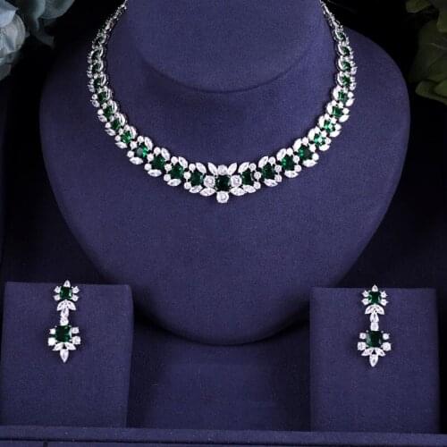 Jankelly Brand Beautiful Green Flower Shape Full Cubic Zirconia Dubai Jewelry Sets Women Wedding Bride Dress Accessories