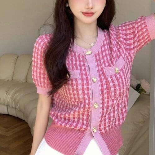 Plaid Pink Cardigan Short Sleeve for 2021 Summer Tops Women High Fashion Knit Tops O Neck Button Up High Waist Sweater Shirt