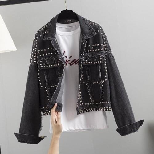 New Fashion Womens Denim Jacket 2021 Spring Rivet Black Jean Jackets Female Coat Blue Casual Outerwear