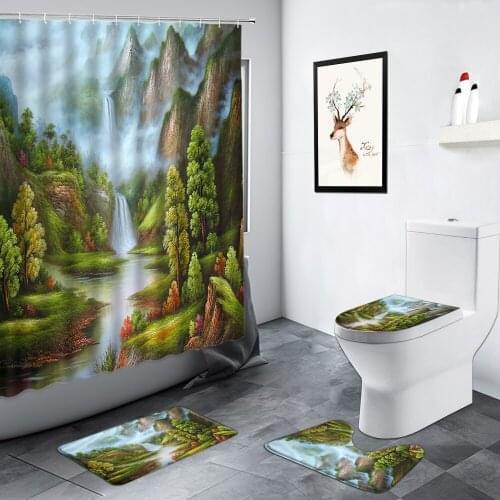 Forest Landscape Oil Painting Shower Curtain Mountain Tree Waterfall Scenery Print Carpet Non-slip Mat Bath Mats Bathroom Decor