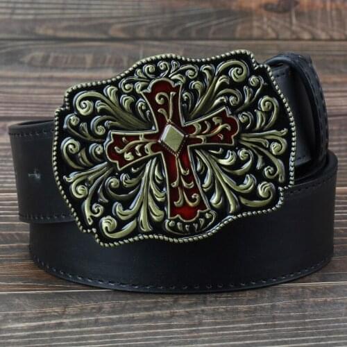 Fashion man belt cross pattern golden arabesque Flowers buckle red crosses women leather belt Retro style stripe
