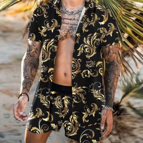 ZOGAA 2021 Fashion Hawaiian Print Short Sleeve Shirt Set Mens Beach Print Shorts Mens Daily Beach Shirt Set Two-piece S-3XL