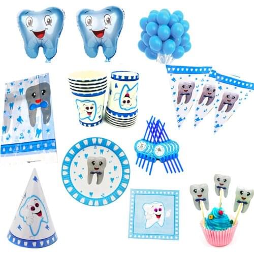 Blue Teeth Theme Disposable Tableware Boys First Tooth Birthday Party Decorations Disposable Plates Napkins Cups Banners