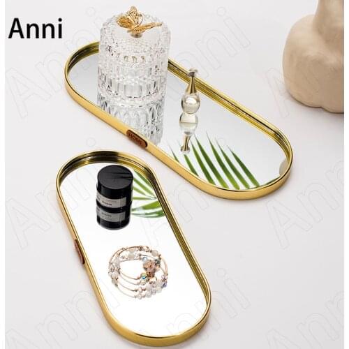 Golden Stroke Oval Mirror Tray Nordic Modern Electroplating Process Metal Jewelry Cosmetic Storage Tray Living Room Decoration