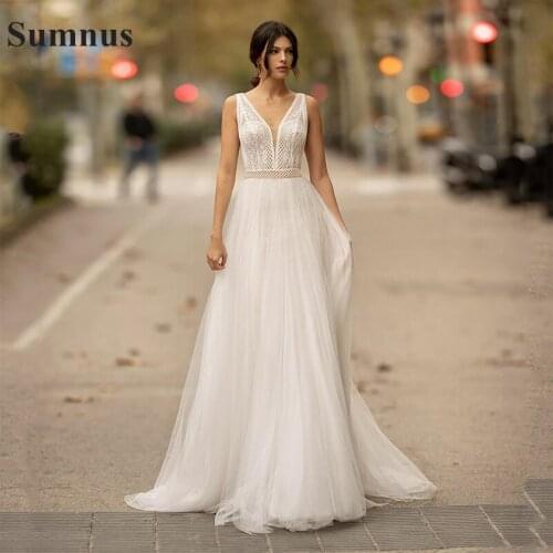 Sumnus Top Lace Tulle Wedding Dresses Sexy Backless A Line Appliqued V Neck Cheap Beach Bridal Dress Wedding Gowns