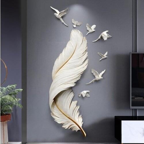 Nordic Luxury Resin Feather Birds Wall Sticker Home Livingroom Wall Mural Decoration Office Hotel Lobby Wall Hanging Accessories