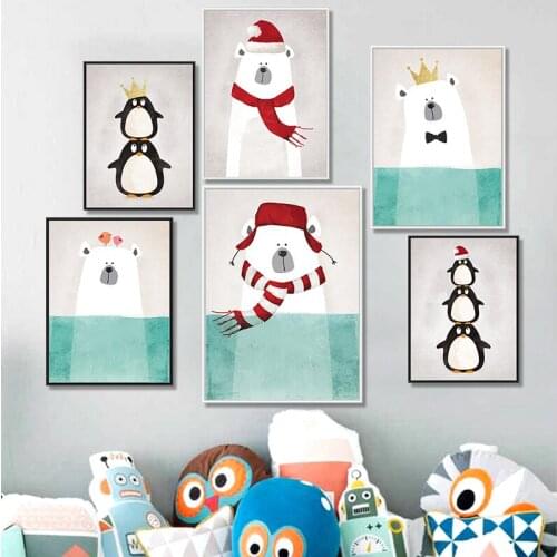 Modern Nordic Bear Hippo Bird Animal A4 Art Prints Poster Cartoon Wall Pictures Canvas Painting Kids Room Cartoon Animals Decor