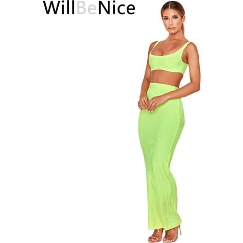 WillBeNice 2019 New Arrival Lime Green Vertical Stripes Sexy Midi Bandage Bandage 2 Pieces Set Bodycon Elegant Vestido