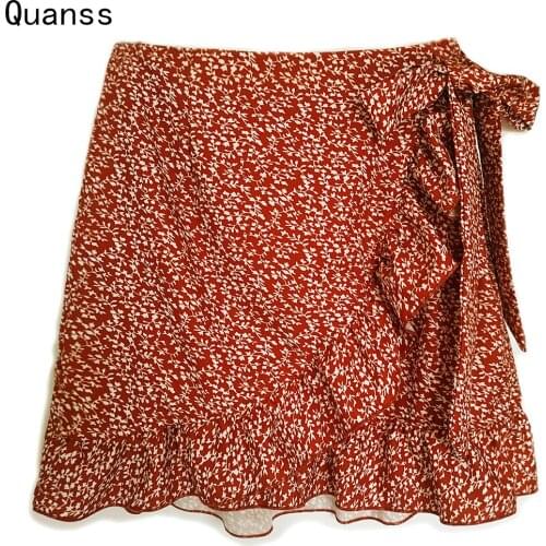 Quanss Summer Print Skirt Women Ruffles Casual Loose Bandage High Waist Skirts Woman Streetwea Beach Mini Skirts