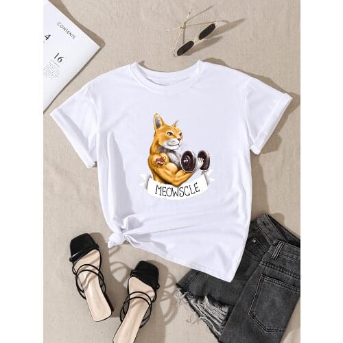 Doing Sport Cat Printing Womens t-Shirt Summer Loose Tops Fashion Short Sleeve t-Shirt Hip Hop Style o-Neck Womens t Shirts