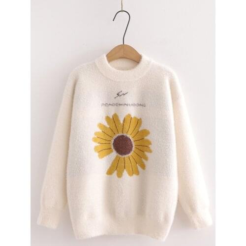 2020 Autumn Winter New Daisy Embroidery Knit Jumper Womens Harajuku Pullover Girls Sweater O-Neck Long Sleeve Pullovers