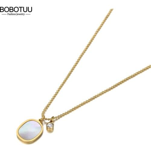 BOBOTUU 14K Gold Shell Oval Tag CZ Crystal Charm Pendant Necklaces For Women Trendy Stainless Steel Choker Necklace BN20174