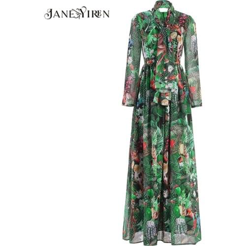 Jianyiren Fashion Designer dress Spring Autumn Women Dress Long sleeve Rainforest Floral-Print Maxi Dresses
