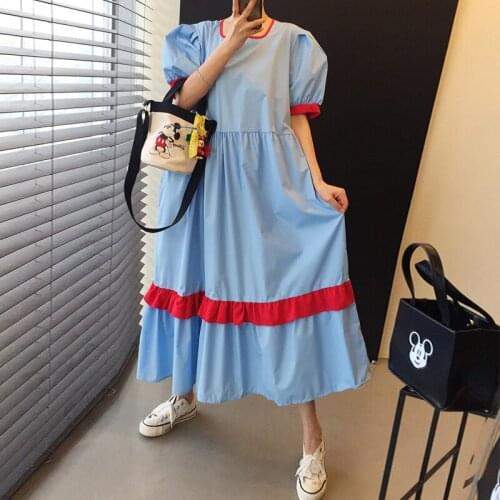 Color Patchwork woman dress O Neck High Waist Casual holiday dresses for women Puff Sleeves Loose Fit long vestidos 2021