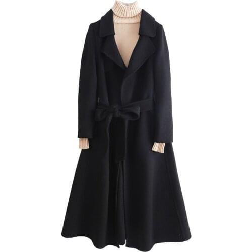 2021 Autumn Wool Coats Female Double-faced Woolen Coat New Fashion Black Long Women Jackets with Belt Manteau Femme Hiver Gmm138