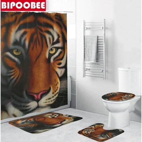 3D Tiger Head Print Shower Curtain Waterproof Bathroom Curtains Animal Anti-slip Bath Mat Set Toilet Rugs Carpet Home Decor