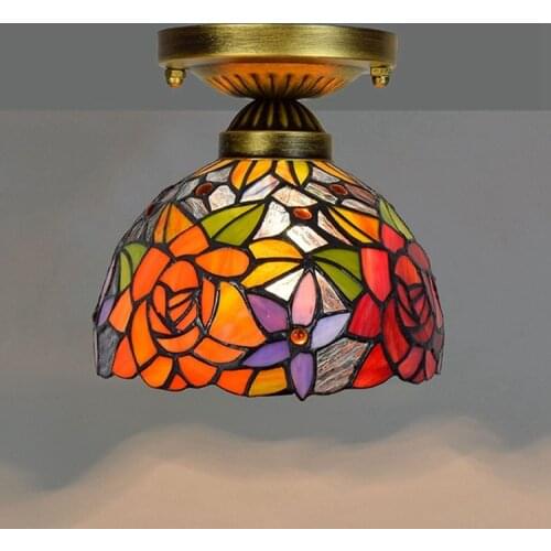 8-Inch 20cm Tiffany Colored Glass Corridor Corridor Balcony Small Ceiling Lamp Red Rose Lamp