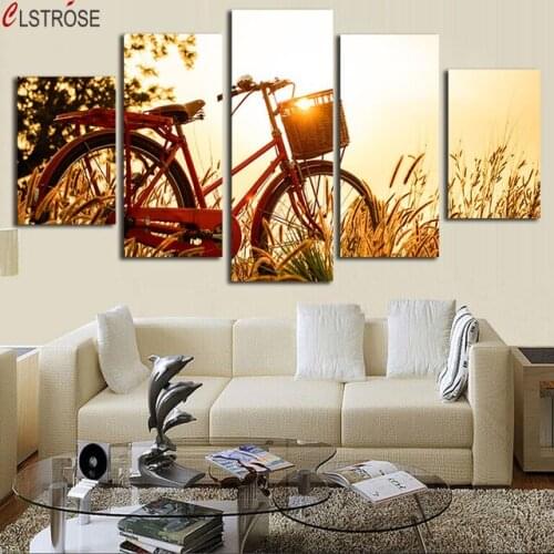 CLSTROSE Real Limited Modern 5 Pcs Canvas Wall Art Bicycle Picture Print Painting On For Home Decor Living Room Unframed