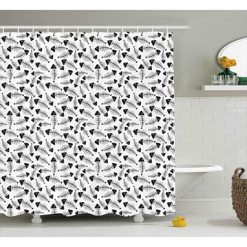Trippy Decor Shower Curtain Funny Fish Bone Abstract Tattoo Style Artistic Modern Illustration Bathroom Waterproof Curtains