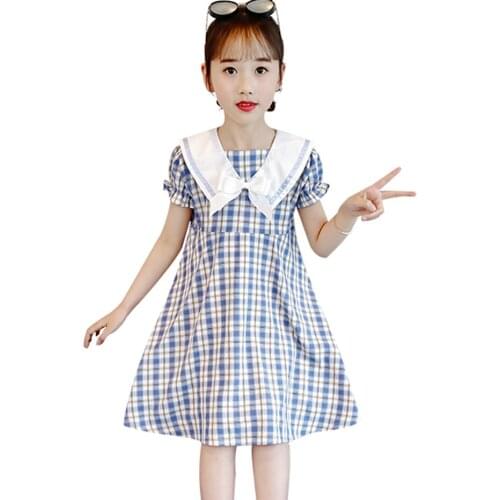 Kids Summer Dresses For Girls Plaid Pattern Girl Party Dress Big Bow Dress For Children Patchwork Childrens Clothing