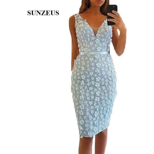 Backless Knee Length Cocktail Dresses Short Sweetheart Tank Sheath Formal Party Dresses Handmade Flowers Beaded Lace Prom Wear