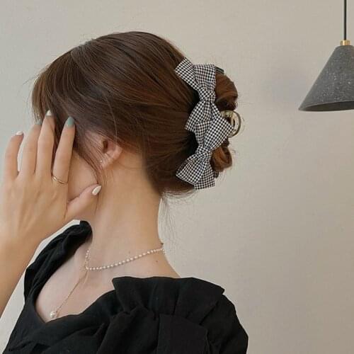 Korea Lattice Bow Gentle Fairy Black White Catch Clip Korea Hair Accessories Hair Catch Clip Hairpin Shark Clip 2021