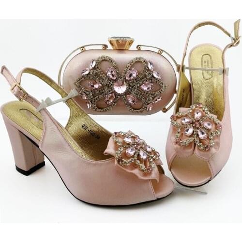 Beautiful pink women pumps with crystal decoration african dress shoes match handbag set QSL026,heel 9CM