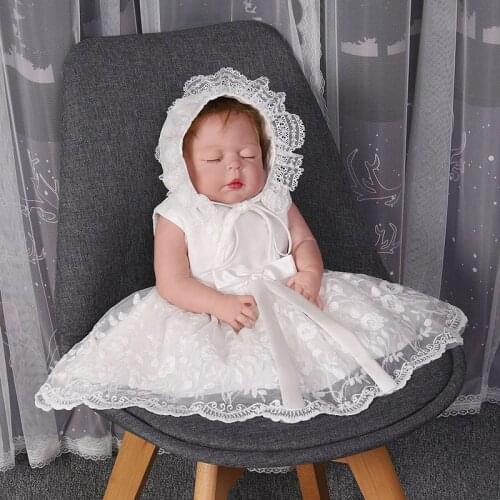 Baby Girl Ivory Lace Baptism Dress Toddler Sleeveless Ruffles Embroidery Christening Gown+Hat Newborn1st Birthday Party Dress 6M