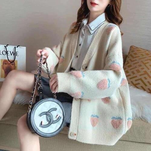 Autumn Spring Cute Strawberry Pink Coat Women Peach Cardigans Knitted Oversized Jacket Winter Women Long Sleeve Pullover Sweater