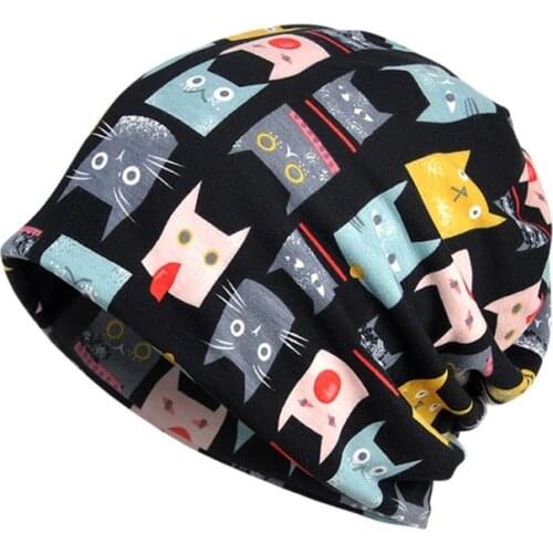 Autumn Winter kid teens Running Cap Scarf Simple Style Cat Printed Breathable Stretch Hat Neck Warmer Hiking Travel Hats