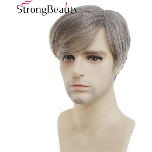 StrongBeauty Men Short Wig Silver Grey Mix Straight Synthetic Natural Hair Heat Resistant Fiber Full Wigs