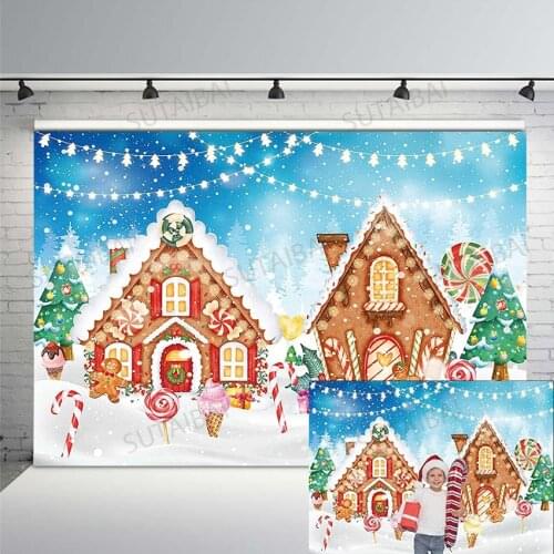 Christmas Tree Gingerbread House Backdrop Cookie Banner Candyland Winter Snowflake Photography Background Baby Birthday Party