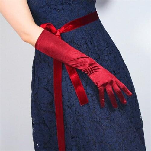 Silk Gloves Female 38cm Elastic Silk Satin Deep Red Wine Red Long Sunscreen Gloves SCJH38