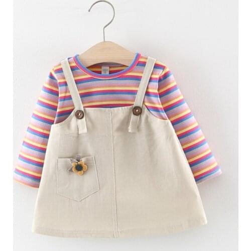 Spring Children Girls Cotton Long Sleeve Dress Cute Rainbow Striped Printed Fake Two Piece Bottoming Sweet Princess Dress
