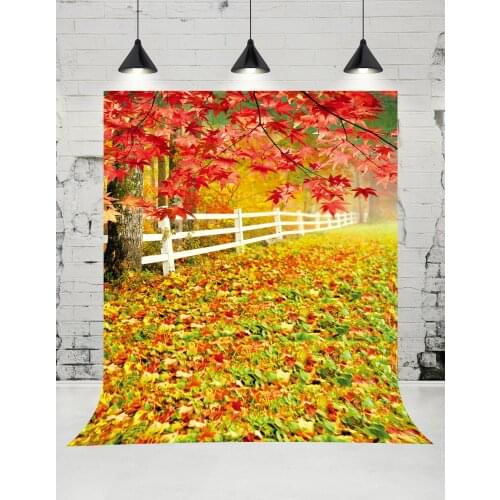 Vinylbds Autumn Maple Tree Photography Backdrops White Fence Outdoor Scenery Photo Studio Children Background for Wedding Props