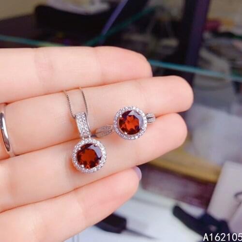 Fine jewelry 925 pure silver Chinese style natural garnet womens simple classic round gem pendant adjustable ring suit support