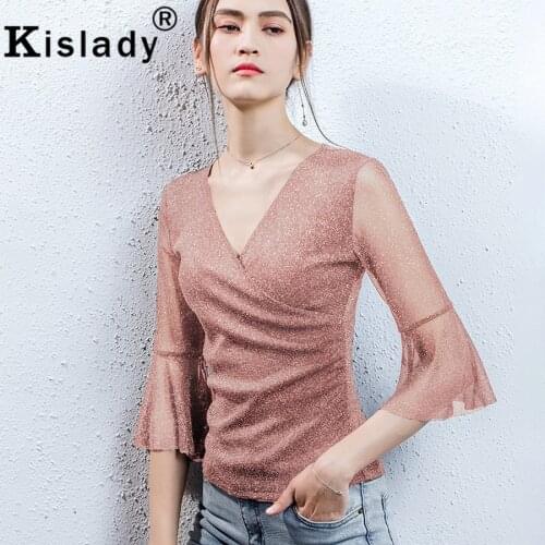 2020 Spring Summer fall Womens V-Neck Three Quarter Gothic Shirt Tops OL Sexy Shining Blouses Korean Harajuku Fashion Clothes