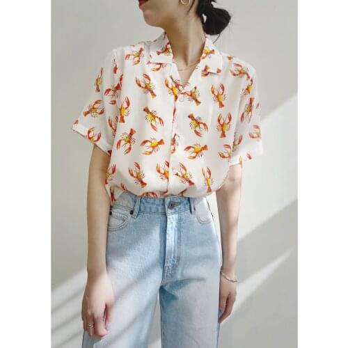 Crayfish Cartoon Pattern Print Silk Shirt 2021 Summer Womens Short-sleeved V-neck Shirt Top