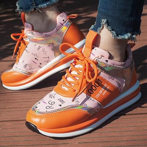 Women Vulcanized Shoe Fashion PU Thick Bottom Lace Up Mix Color Female Sneakers Graffiti Shallow Plus Size Ladies Footwear 2021