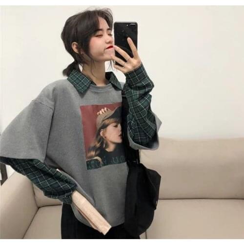 2021 Spring and Autumn Thin Fake Two-piece Sweater Female Korean Loose Lazy Long Sleeve Jacket Top