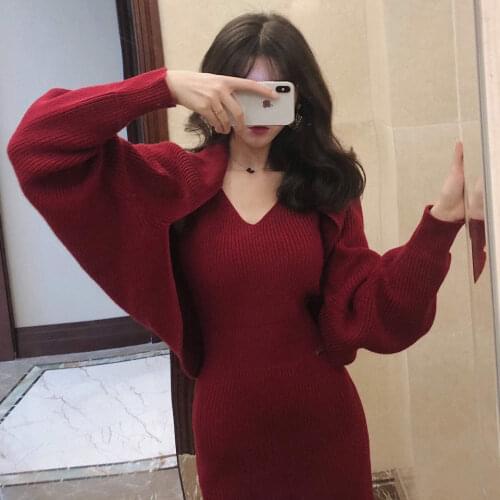 2021 Women Autumn Winter Vintage Slim 2 Pcs Set Lady Sexy Knitted Sweater + Slip Dress Suit Female Solid Casual Elegant Sets