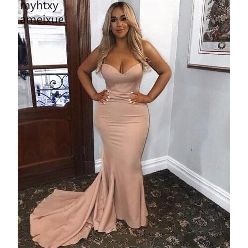 Sweetheart Spaghetti Straps Mermaid Sweep Train Satin Flesh Sexy Cheap Plus Size Evening Gown Dresses For Women Robe De Soiree