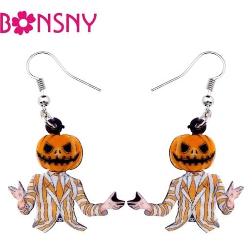 Bonsny Acrylic Halloween Pumpkin Gentleman Earrings Big Long Dangle Drop Fashion Novelty Jewelry For Girl Women Ladies Wholesale