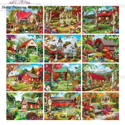 5D DIY Diamond Painting Red House Garden Landscape Scenery Picture Diamond Embroidery Cross Stitch Diamond Mosaic Handmade Decor