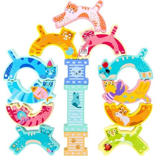 Wooden Kitten Balance Building Blocks DIY Stacking Toy Wooden Blocks Toys Kids Educational Toys For Children