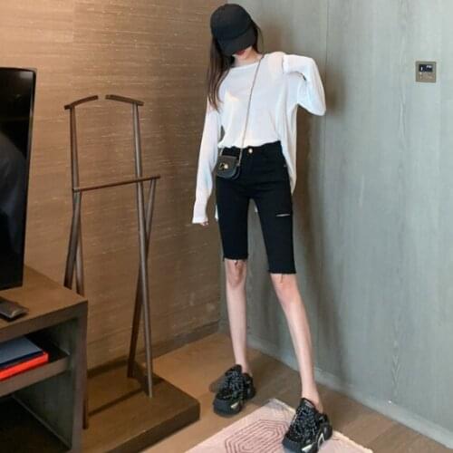 Hi Girl Summer New Empire Slim Pencil Pant Black Jeans Holes Trousers Ripped Raw edge Half Knee Length Chic Punk Capris Femme